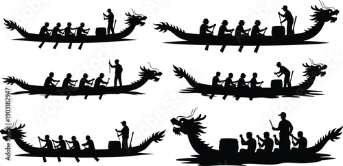 Black silhouettes of dragon boats with crews in various positions white background
