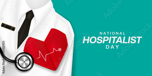 National Hospitalist Day. Doctor clothes, heart and stethoscope. Great for cards, banners, posters, social media and more. Green background.