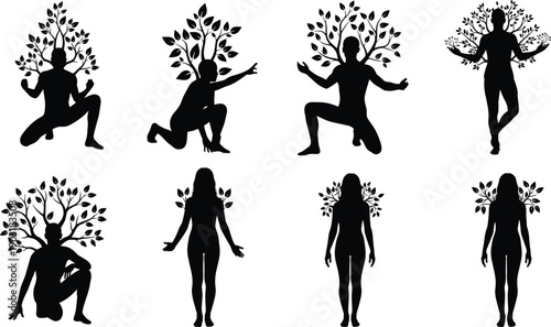 Black silhouettes of people with tree branches growing out of their bodies leaves