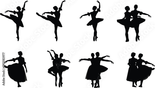 Silhouettes of ballet dancers in various poses dance poses