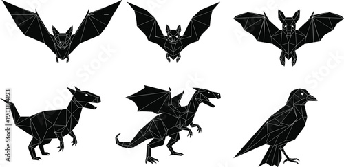 Black origami animals on white background bats