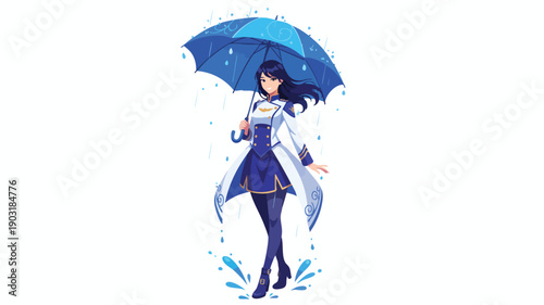Anime Girl Holding Blue Umbrella in the Rain.