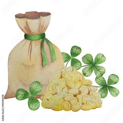 Set of Watercolor Illustrations for St. Patrick's Day. Hand drawn isolated clipart with a leprechaun hat, clovers, golden coins, Irish Flag, green beer and a pot of gold. Talismans for good luck