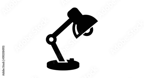 This black vector icon represents a desk lamp, symbolizing lighting, focus, study, and productivity. It reflects concepts such as workspace illumination, reading light, and creative environment. This 