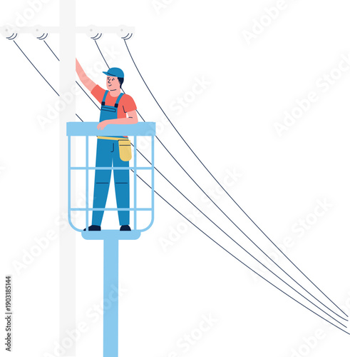 Electric pole maintenance. Worker repair power wires