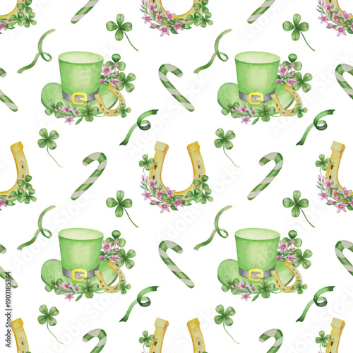 Set of Watercolor Illustrations for St. Patrick's Day. Hand drawn isolated clipart with a leprechaun hat, clovers, golden coins, Irish Flag, green beer and a pot of gold. Talismans for good luck
