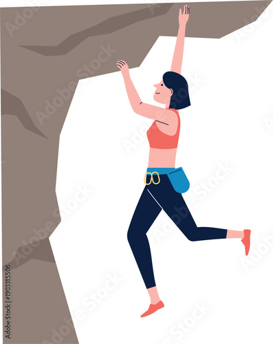 Woman hanging on stone cliff. Extreme mountaineering sport