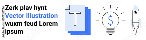 Business ideas, innovation, creative thinking, startups, finance, productivity. Lightbulb with dollar sign, rocket and text elements on a clean background. Innovation and creative thinking concept