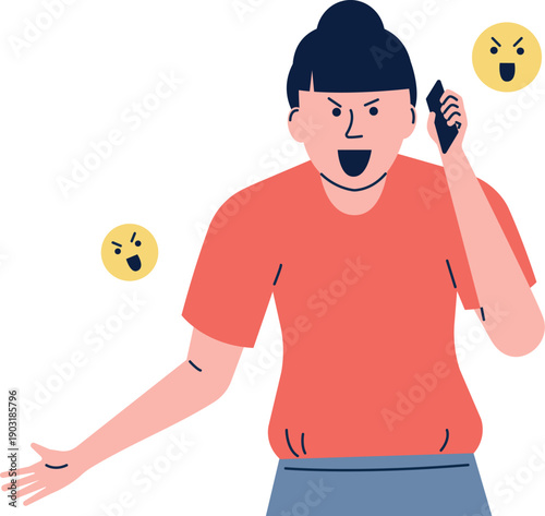 Woman yelling on phone. Angry talk. Negative call