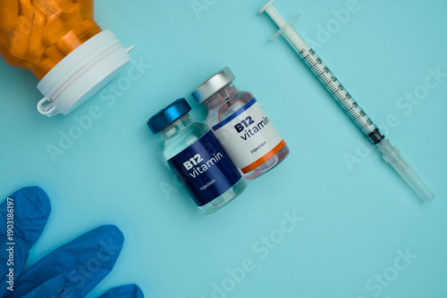 B12 vitamin injection vials and syringe ready for medical use