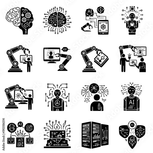 Collection of sixteen black and white icons depicting artificial intelligence concepts, robotics automation, machine learning integration, and digital processing server racks