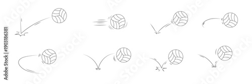Volleyball bounce motion lines set. Hand drawn ball movement with smooth curved arcs, rebound effects and jump trajectories. Doodle vector illustration for sport design and playful graphic backgrounds