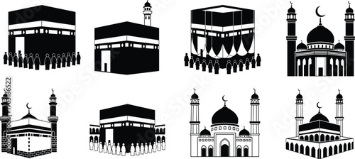 Black and white of mosques and Kaaba structures with people Islamic architecture