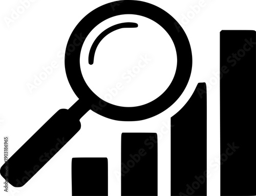 Magnifying glass inspecting rising bar chart graphic symbolizing data analysis, financial auditing, performance review, and business growth metrics investigation