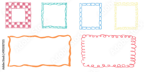 Set of hand drawn crayon frames and boxes. Cute childish borders in pastel colors for kindergarten projects, preschool education, kids backgrounds, playful doodle shapes 