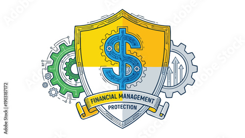 Financial Management Protection Shield with Dollar Sign and Gears.