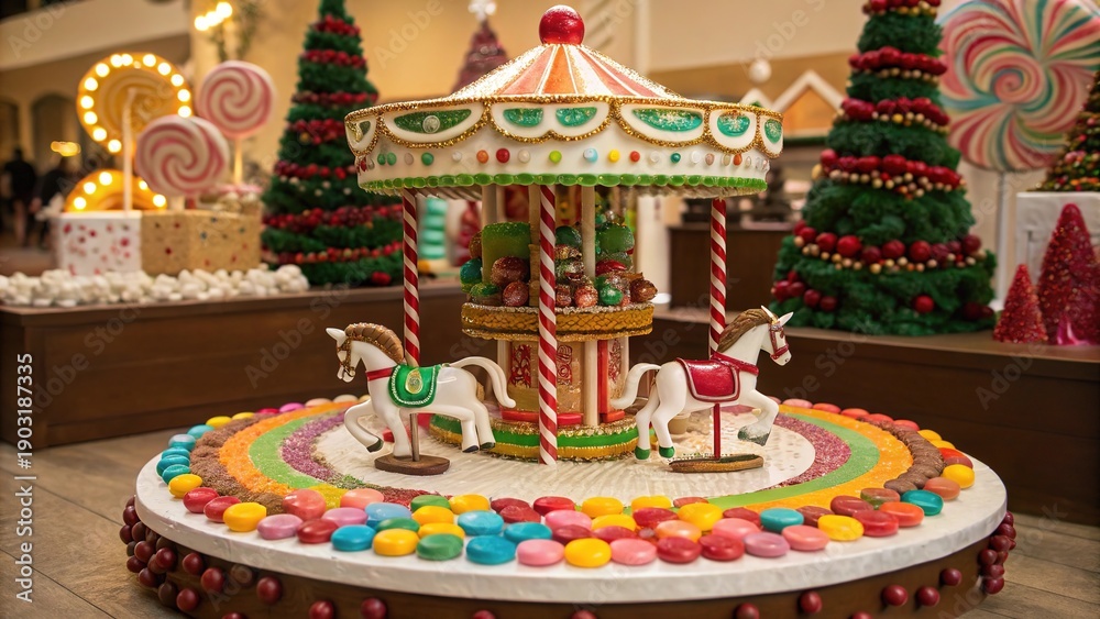 Fototapeta premium Candy cane carousel made from arranged sweets delights visitors during holiday festivities at the local community center