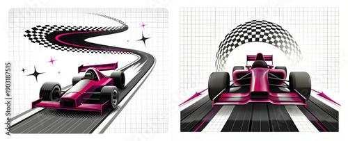 A pink race car speeding on a checkered track with a white background