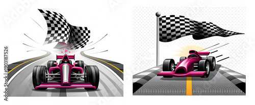 A pink race car speeding down a track with a checkered flag waving in the air, symbolizing victory and success.