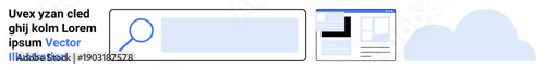 Online research, user interface design, web navigation, cloud computing, data storage, internet services. Search bar, webpage layout cloud illustration. Online research and user interface concepts