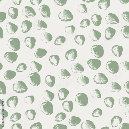 Seashell Texture Seamless Pattern in Muted Green and Soft White