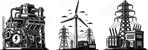 Industrial electric generator, wind turbine renewable energy, high voltage transmission towers, and electrical transformer station, black and white vector illustration set, power.
