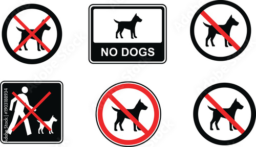 No dogs allowed sign vector set including red prohibition circle symbols and silhouette icons for park or shop rules, flat design illustration