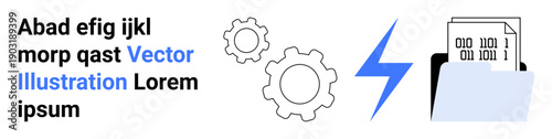 Technology, automation, data management, digital file storage, innovation, software solutions. Gear icons, file folder and binary code. Technology and automation concepts