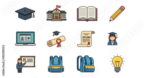 A vibrant collection of modern flat design icons representing various aspects of education, learning, and academic pursuits, suitable for web, app, and digital resource development