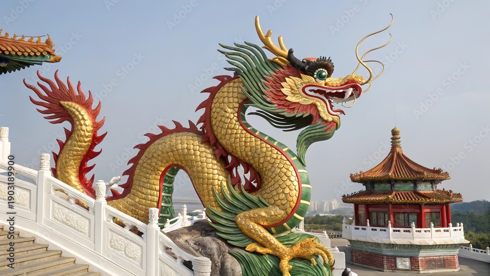 Fototapeta premium Chinese dragon figurine in traditional style at a scenic temple location during daylight