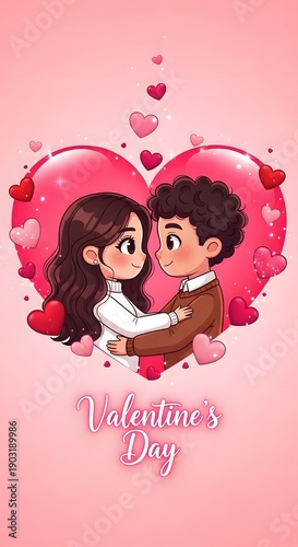 High resolution photo of cute cartoon couple embracing in a heart, representing love, romance, and Valentine’s Day marketing