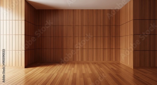 Empty square room with brown wood paneling wall and hardwood flooring