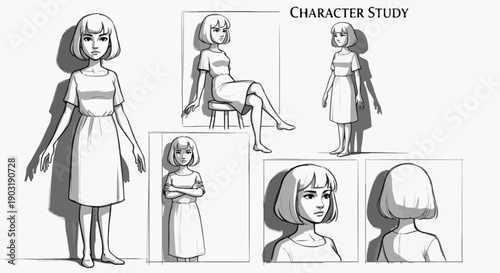 Monochromatic character study of a young woman in various poses, including full body, sitting, standing, and headshots, with a short bob haircut and a simple dress, in a flat vector style.