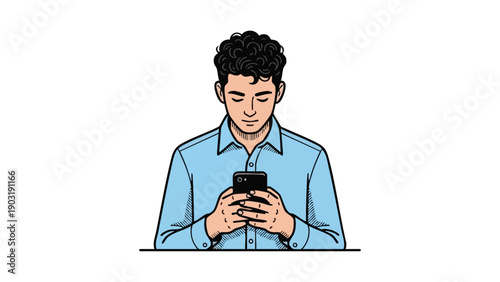 Young Asian man engrossed in his smartphone looking down intently.