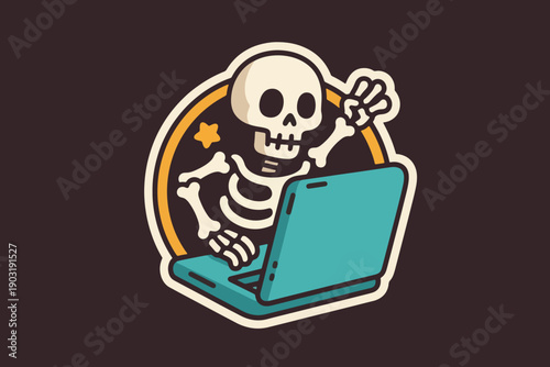 Illustration Of A Skull Operating A Laptop Enthusiastically Vector Design Template