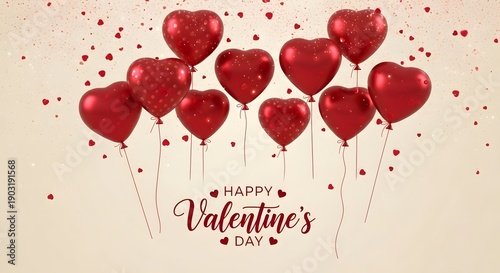 High resolution photo of red heart balloons floating with confetti, representing Valentine's Day romance and holiday marketing.
