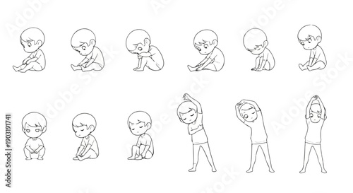 Baby and toddler development line art icon collection. Includes sitting, crawling, standing, and stretching poses. Created in outline style with a black and white palette.