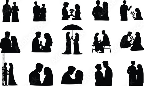 Set of romantic couple silhouettes in love proposal wedding and dating scenes isolated on white background, minimalist vector illustration collection