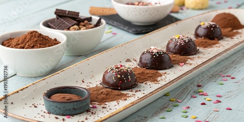 Delightful chocolate truffles arranged on a serving platter against a pastel background with decorations