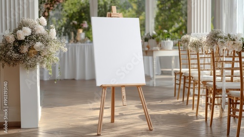 Blank white sign on easel at wedding venue with elegant decor. Perfect mockup for welcome signs, seating charts, or event notices.