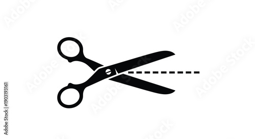 Black silhouette of scissors cutting a dashed line isolated on white