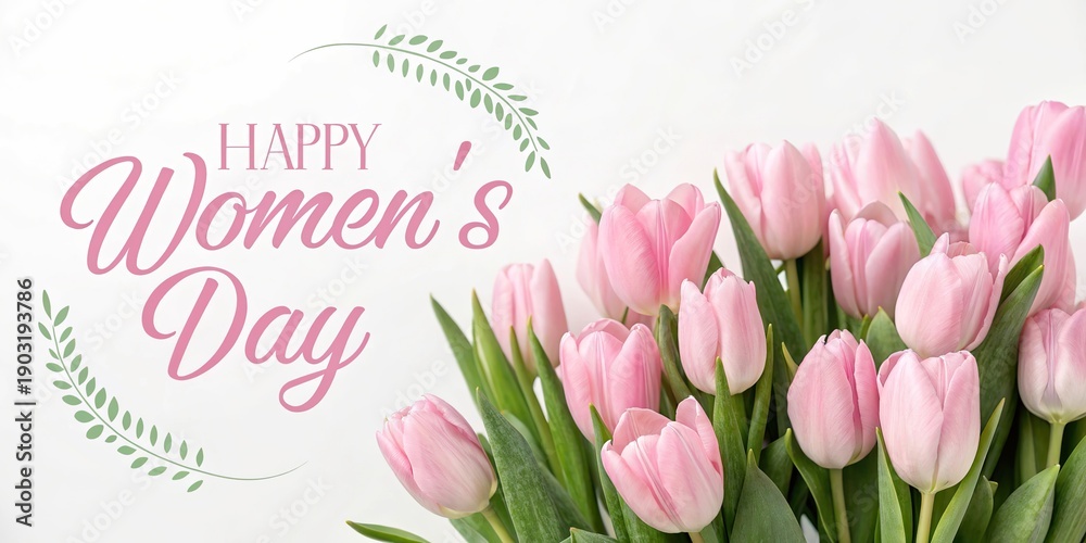 Fototapeta premium Pink tulips bouquet with Womens Day greeting on white background spring holiday card.