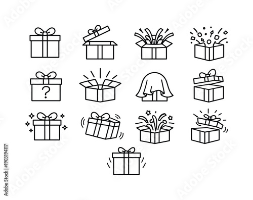 Gift surprise box. Line icon set of Gift surprise box: closed present box, open lid gift, ribbon burst box, box with confetti, surprise