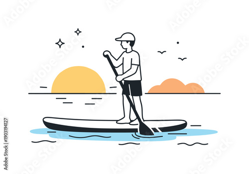 Paddleboarding at sunrise. Minimal scene with gentle waves, paddle strokes marked by light motion lines. Slow, intentional movement in a