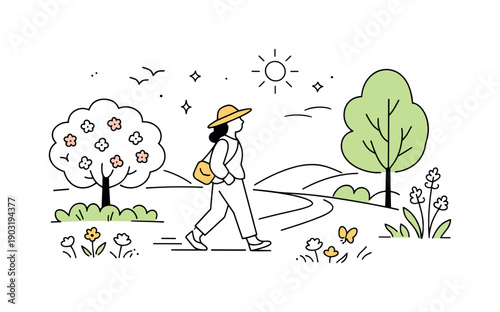 Spring holiday slow living aesthetics. A gentle countryside walk scene with a person strolling among trees and blooming plants. Light
