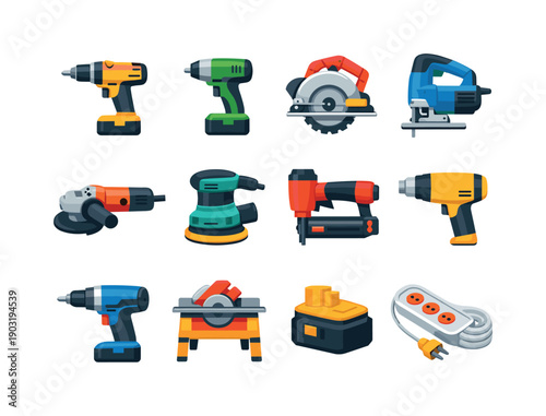 Power tools. Colorful flat vector icons set of Power tools: electric drill, impact driver, circular saw, jigsaw, angle grinder, sander, nail