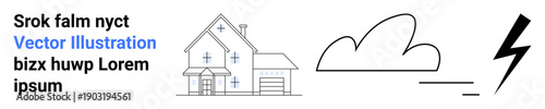 Weather conditions, energy, sustainability, climate change, home safety, natural phenomena. A house is illustrated along with a cloud and lightning bolt ion. Weather conditions and energy concept