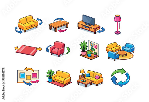 Living room makeover. Colorful isometric vector icons set of Living room makeover: sofa repositioning, coffee table move, TV stand