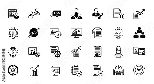 ESG Icons: Sustainability, Finance, Business Growth, and Management Concepts