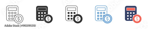 Set of calculator and dollar coin icons in various styles, symbolizing financial planning, cost analysis, budgeting, and money management for business applications